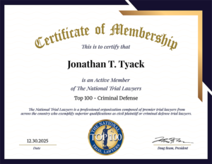 Jonathan T Tyack Certificate of Membership for the National Top 100 Trial Lawyers